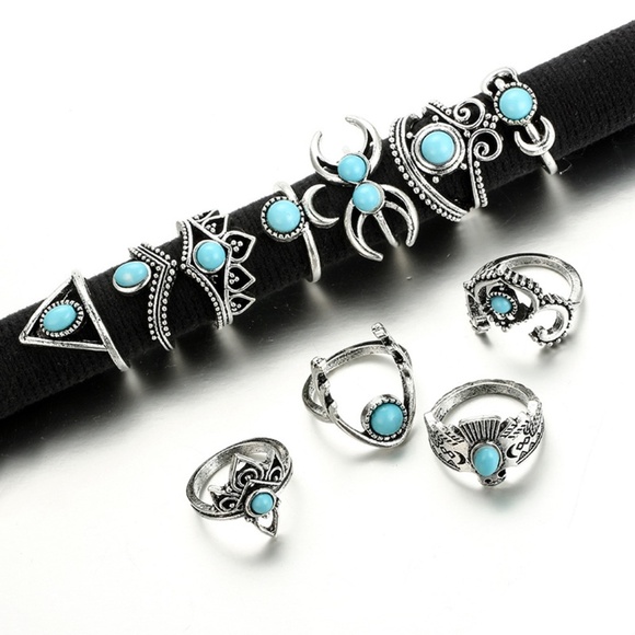 **HALONA* 11-Pc Silver Moon x Turquoise Ring Set - Picture 5 of 10